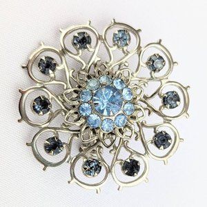 Vintage 1960s Round Silver Brooch Light Blue Rhinestone Circle Pin Flower Petals
